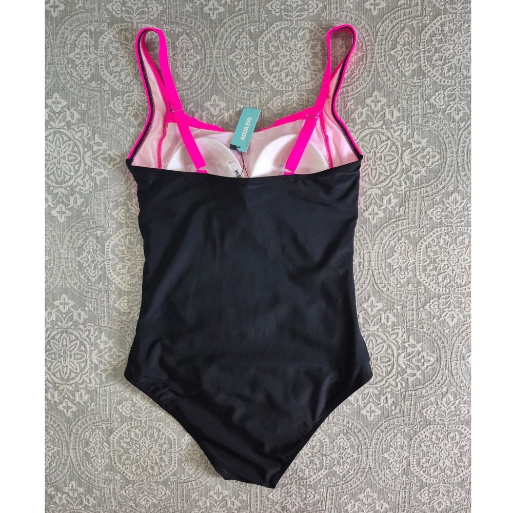 Aqua Eve One Piece Swimsuit Neon Pink Black Ruched Tummy Control Large NWT - Picture 6 of 7